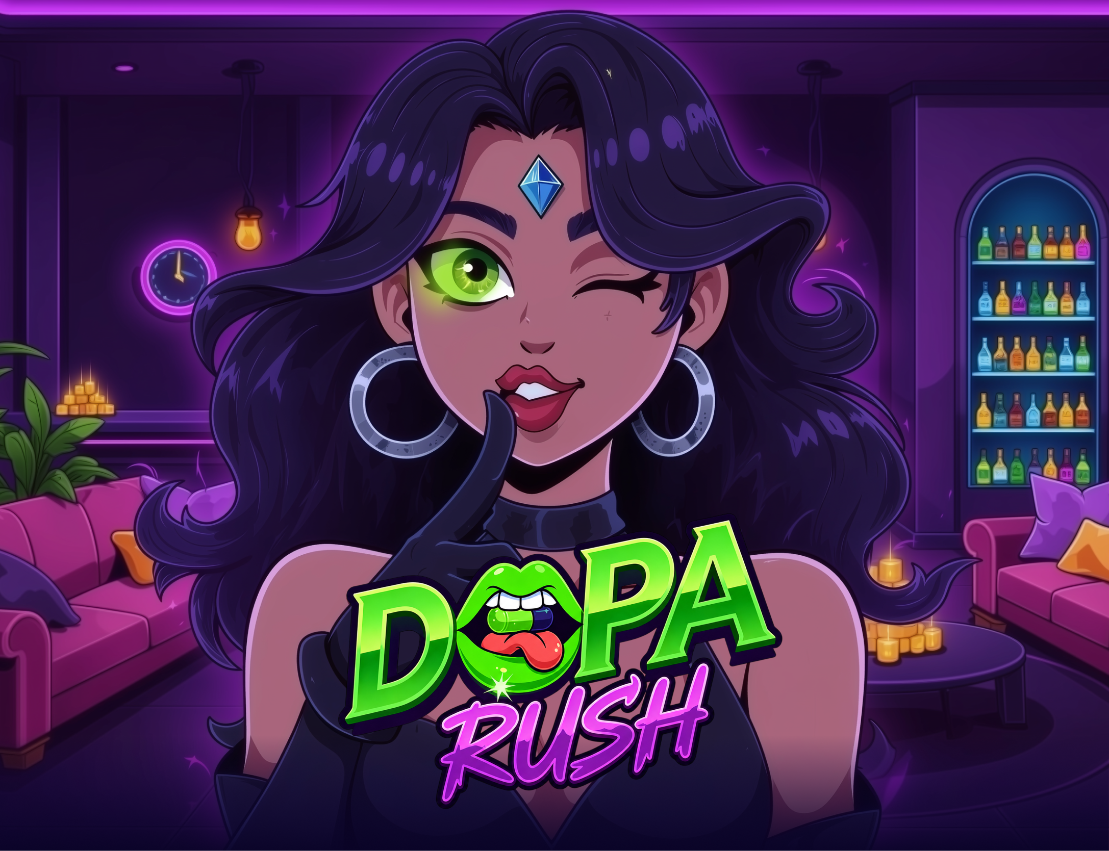 Key Visual Design (iGaming) | DOPA Rush cartoon character design concept art digital art game art game dev illustration key visual mobile game neon stylized art