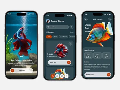 Aquarium Fish Shopping App UI app appdesign appui aquarium cleanui design ecommerce figma fishapp interfacedesign minimal mobileapp modernui shop shoppingapp ui uiux ux