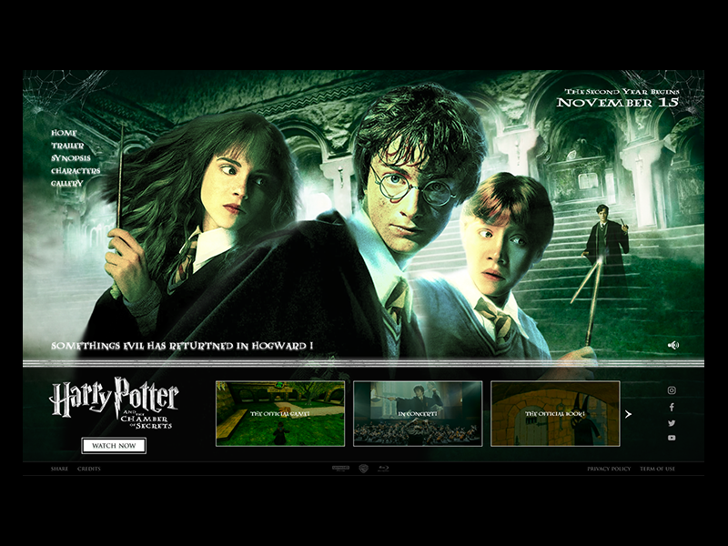 Harry Potter and the chamber of secrets: promo website advertising entertainment entertainment website harry potter landing page movie design movie website promotional website ui webdesign