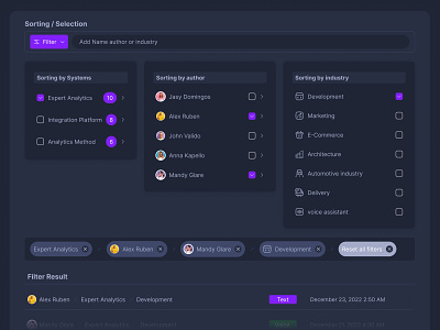 Dark theme Sorting Selection analytics author commerce dark design filter graphic design infographic sorting ui ux web