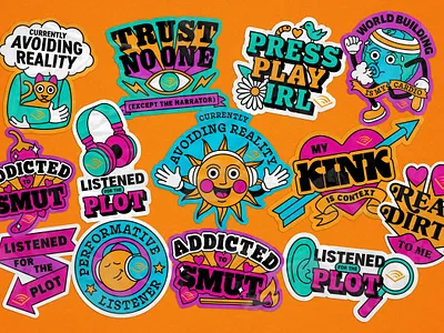 Audible Illustrations - stickers and enamel badge merch activation adobeillustrator audible booktok brand activation brand illustration branddesign enamel pin illustration event marketing eventdesign experientialdesign freelanceillustrator illustration illustrator immersive popup sticker design sticker illustration visualdesign