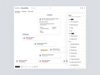 Sales CRM Workflow UI End-to-End Sequence Design | Closr ai agent blocks automation flow chart b2b crm design branching logic ux closr crm workflow builder drag and drop workflow filllo saas automation canvas saas design agency saas product design saas ui design sales automation ui sales crm ui startup product design visual automation ui visual logic builder web app design workflow canvas design workflow diagram ui