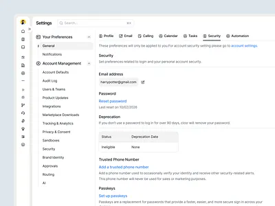 CRM Security Settings UI Account Protection Made Simple | Closr 2fa settings design account protection ux account security ux b2b crm design closr crm security settings crm settings page filllo passkey setup ui password management ui saas design agency saas product design saas settings ui saas ui design sales crm ui session management ui settings navigation ux startup product design user preferences design web app design