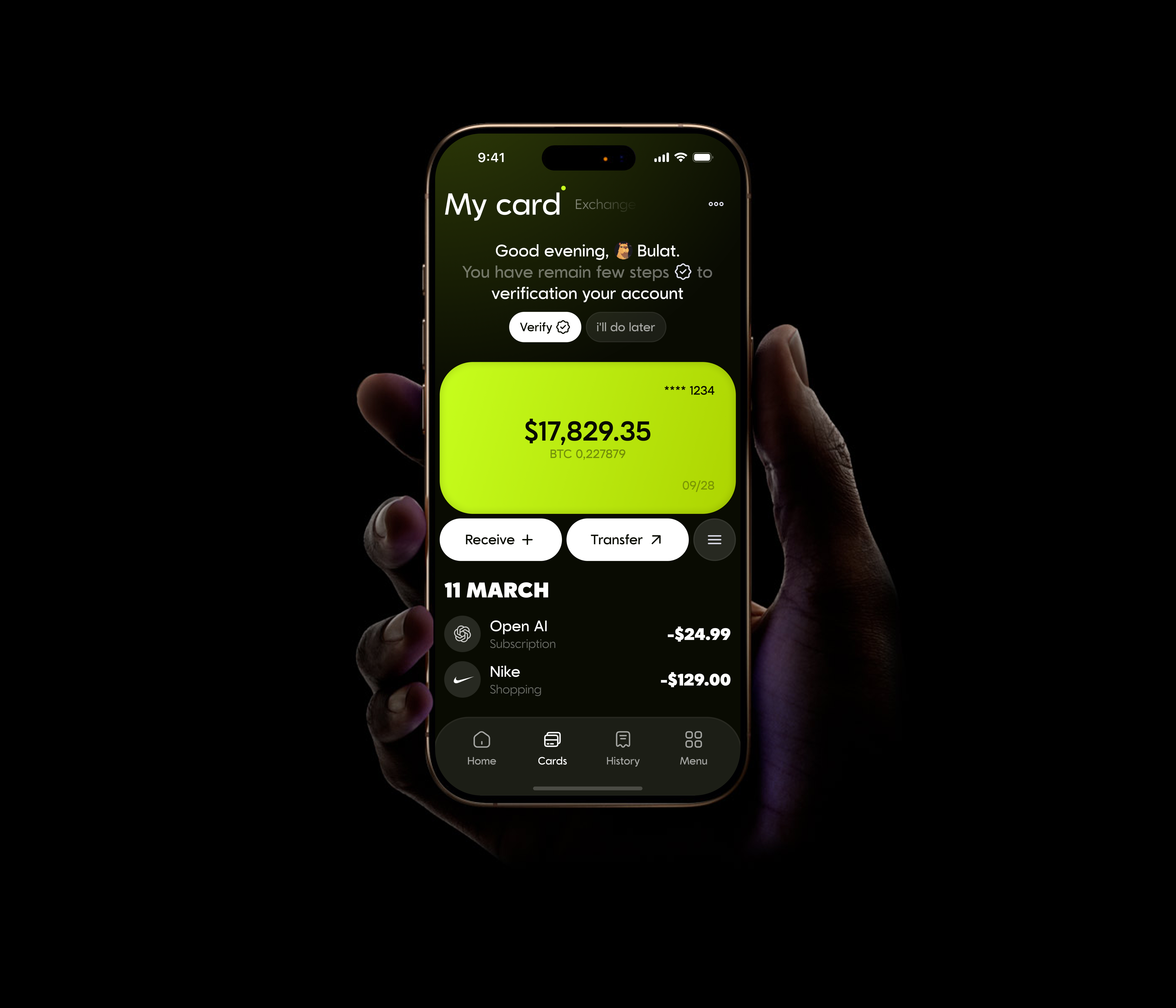 Crypto Card App UI app interface banking app crypto app crypto wallet dark mode ui dashboard ui digital wallet finance dashboard fintech app fintech ui minimal ui mobile app design modern ui money transfer payment app product design transaction list ui design ux design virtual card