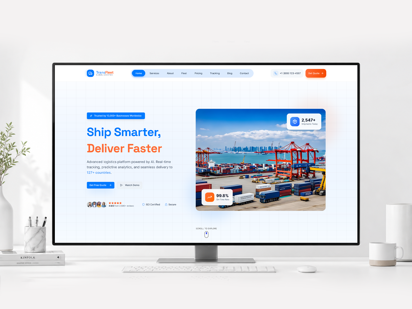 TransFleet - Logistics Website UI — Smart Shipping Experience blue ui business website clean design corporate website dashboard ui delivery service landing page logistics logistics website modern ui saas ui shipment tracking shipping supply chain tech website transport ui design ui inspiration ux design web design
