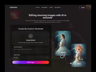 Visionara – AI Image Editing Website ai ai image ai image editing ai image editing tool ai image editing website ai image generator ai landing page ai photo ai photo editing ai tool ai website artificial intelligence editing app image editor image generator online photo editing tool photo editing website ui ux design website design