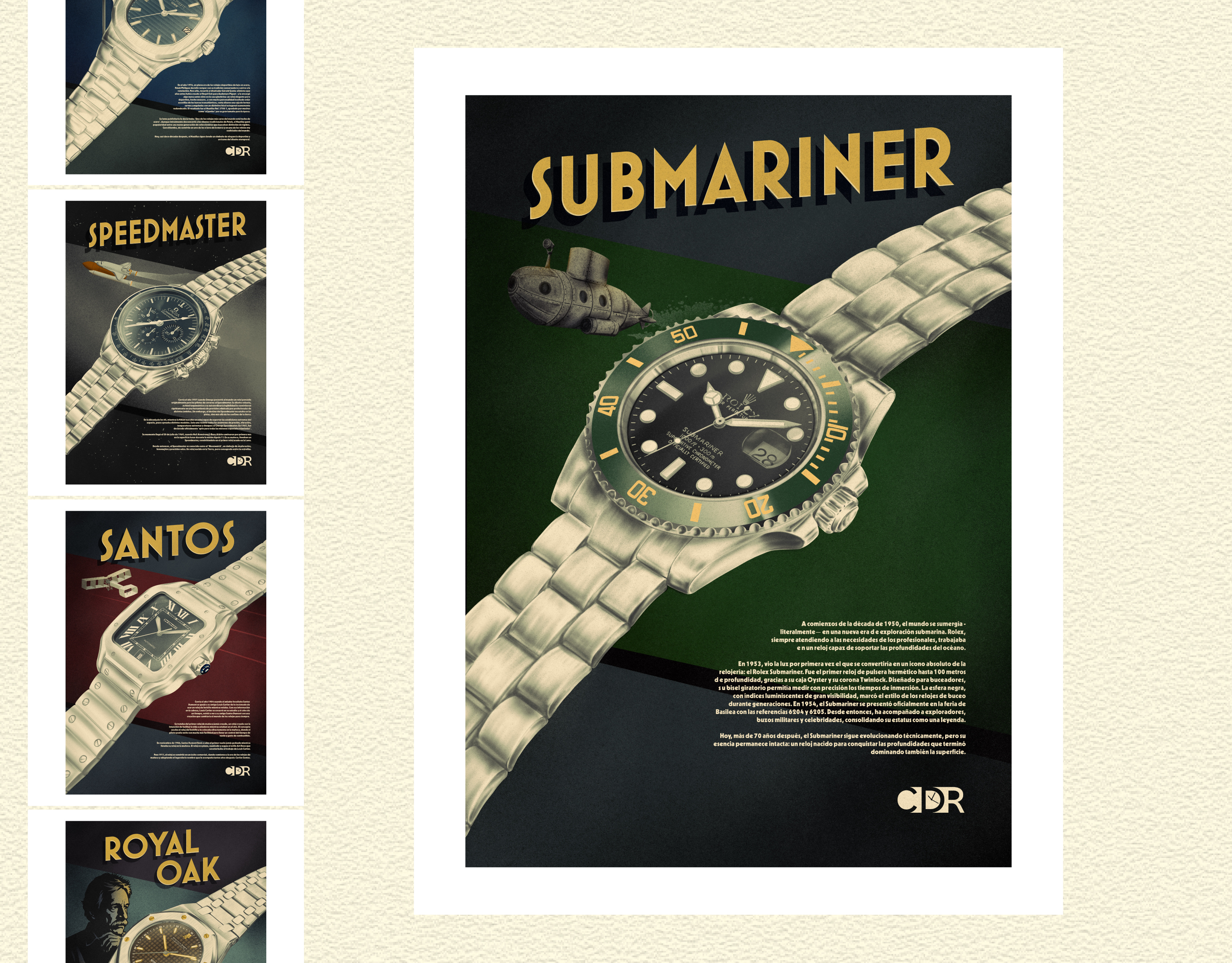 Vintage Watch Posters for CDR classic typography graphic design illustration poster luxury poster design product focused design product illustration retro print style vintage advertising visual branding watch poster