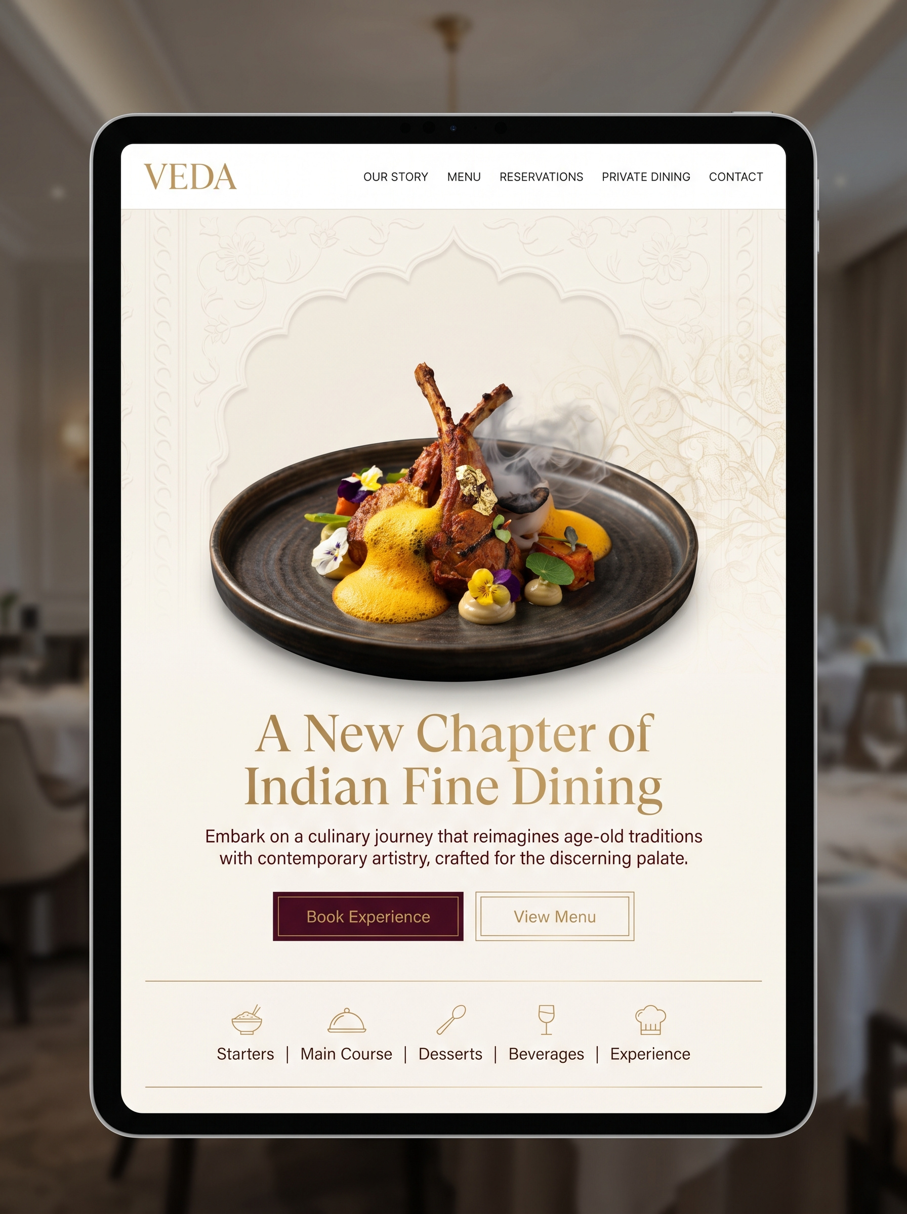 VEDA Restaurant – Premium Dining Landing Page branding creativedesign editorialdesign figma finedining graphic design indiandesign luxurydesign minimalui restaurantwebsite uidesign