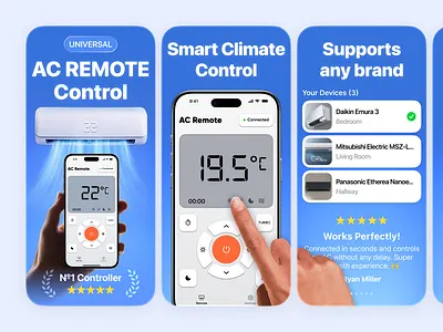 App Store Screenshots · Smart AC Remote Control ac app aso climate connect control controller device google play ios onboarding preview promo remote screens screenshots smart store temperature universal