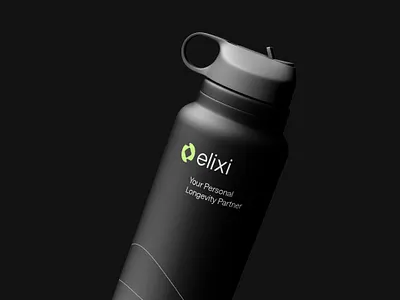 Elixi — Logo Design for a Personal Longevity Partner Brand biohacking brand brand identity branding dark branding green logo health brand health tech lifestyle brand logo design logo designer logo mockup logomark longevity brand minimal logo premium branding product mockup visual identity water bottle mockup wellness branding wordmark