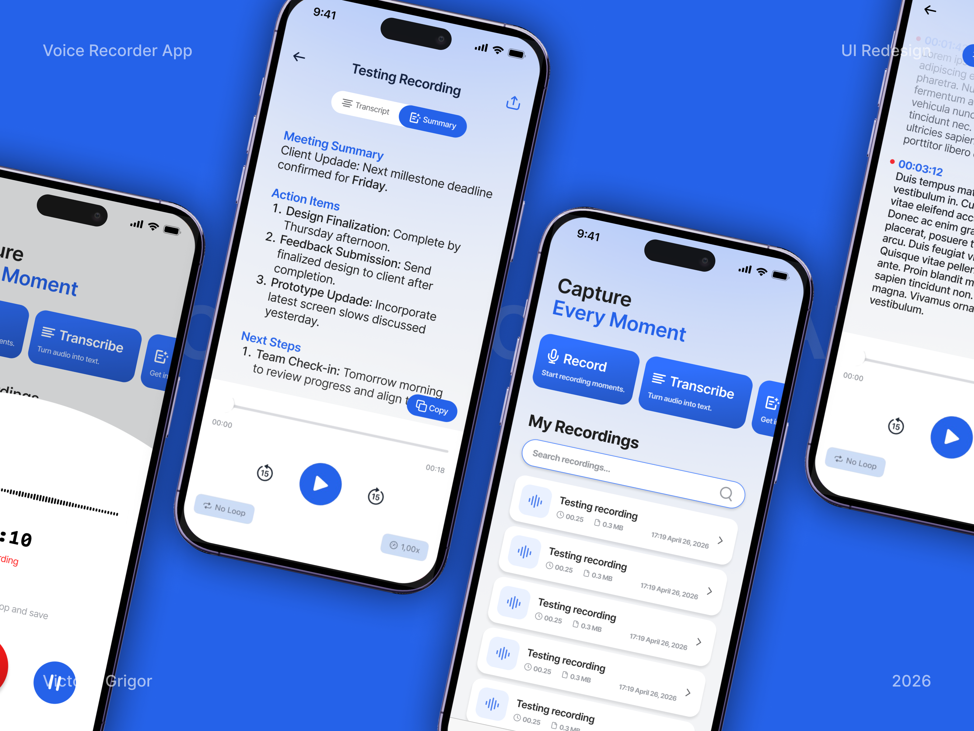 Voice Recorder App UI — AI Transcription & Summaries app graphic design mobile app redesign ui ux design voice recorder app