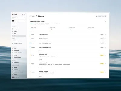Observe timeline branding dashbaord design layout mobile product stats ui web