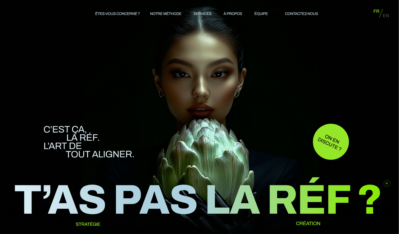 Creative Agency Landing Page — Paris art direction branding corporate website creative agency dark ui development digital agency homepage landing page minimal design modern website neon desig paris design portfolio website ui ui design uiux ux design web design webflow