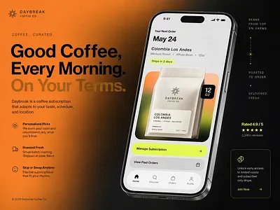 Coffee Subscription Mobile App UI app design branding clean coffee coffee app dark mode delivery app ecommerce ios iphone landing page minimal mobile app mockup presentation product design subscription typography ui design ux design