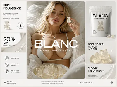 Packaging Design for BLANC Vodka Gummy Bears alcohol brand branding clean confectionery graphic design grid system identity design layout lifestyle photography logo design luxury packaging marketing design minimalist packaging design pouch design premium product design typography visual identity white design