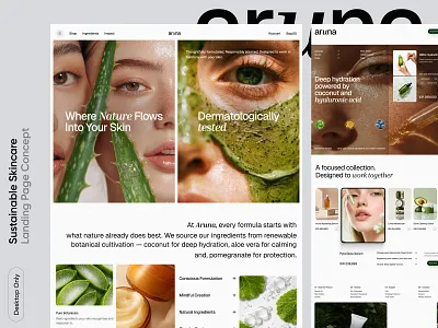 Aruna — Sustainable Skincare Landing Page beauty branding clinic company dermatology design elementor framer healthy landing luxury nature page skincare supplement ui webflow website wordpress