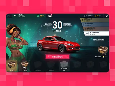 Street Racing Game UI — Mobile Game Design anime game app design competition game gacha game game art direction game interface game ui game ux gen z game gta mobile game design need for speed racing racing app racing game street racing