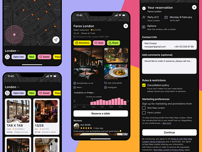 Restaurant Map of London 🍝 app card dark darktheme find food foodtech freelancers location map maps mobile neon neoncolor restaurant restaurants students ui ux