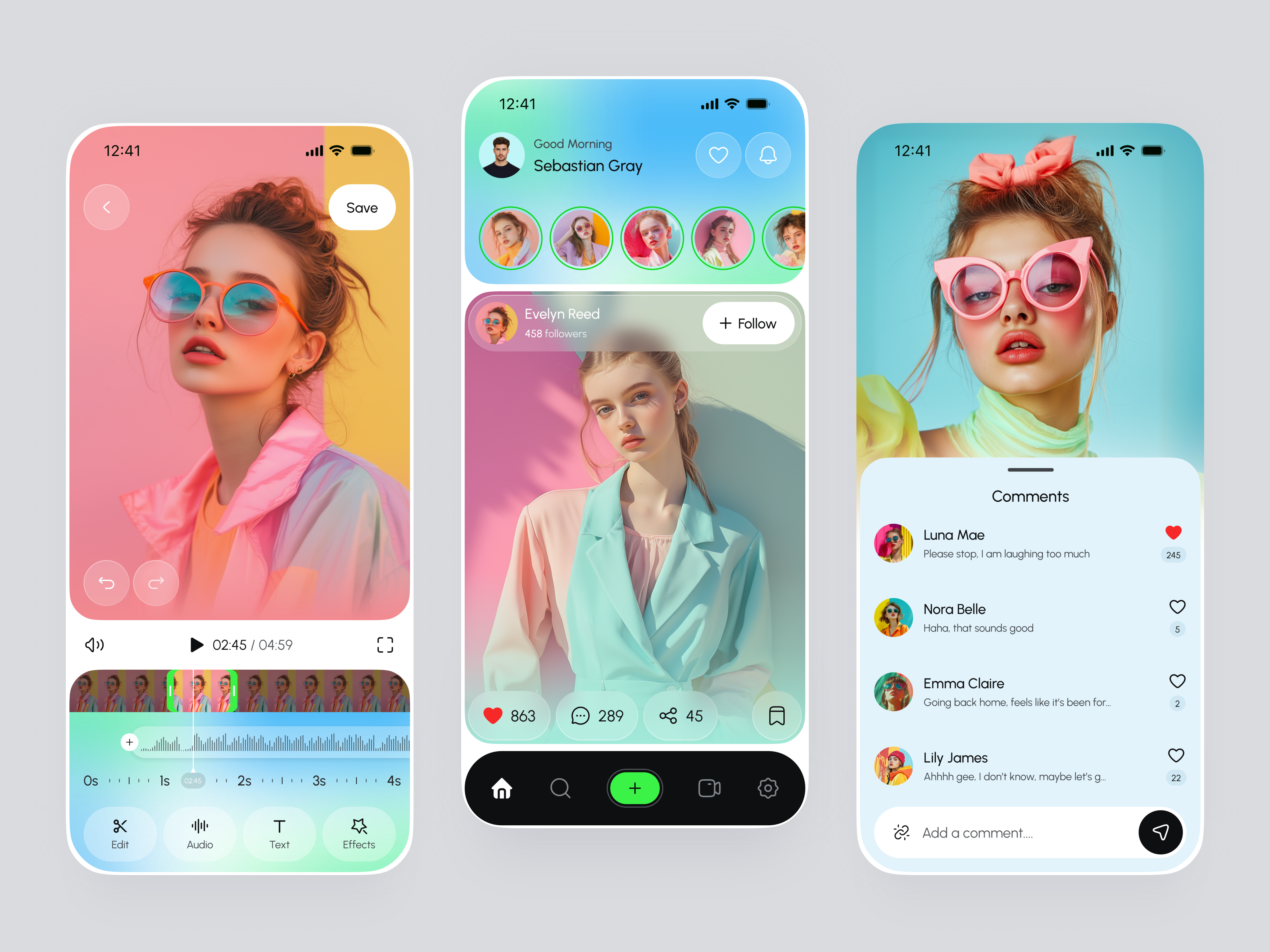 Video Editing App UI/UX Design app design editing app editing tools glassmorphism media app mobile app mobile app design mobile ui photo editing app product design social app social media uiux user interface video editing video editor web