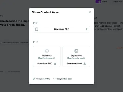 UserEvidence Share Modal app b2b button content cta download flat light mode minimal modal pdf png saas share simple ui ux web