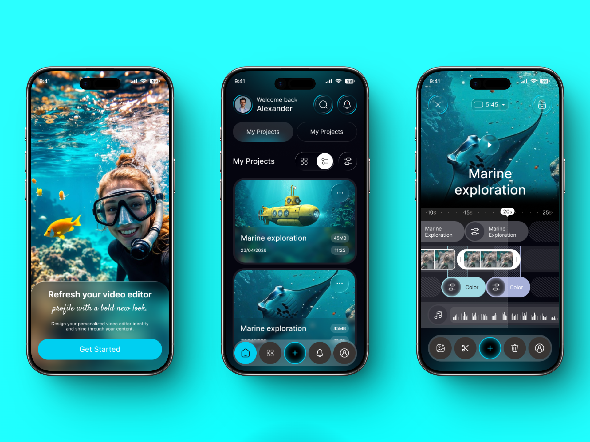 Video Editing Mobile App UI Design app design cinematic ui content creator creator app details page editing app figma home page mobile app motion design product design socialmedia app timeline editor uidesign uiux uxdesign video editing app video editor video production videoe ditingui