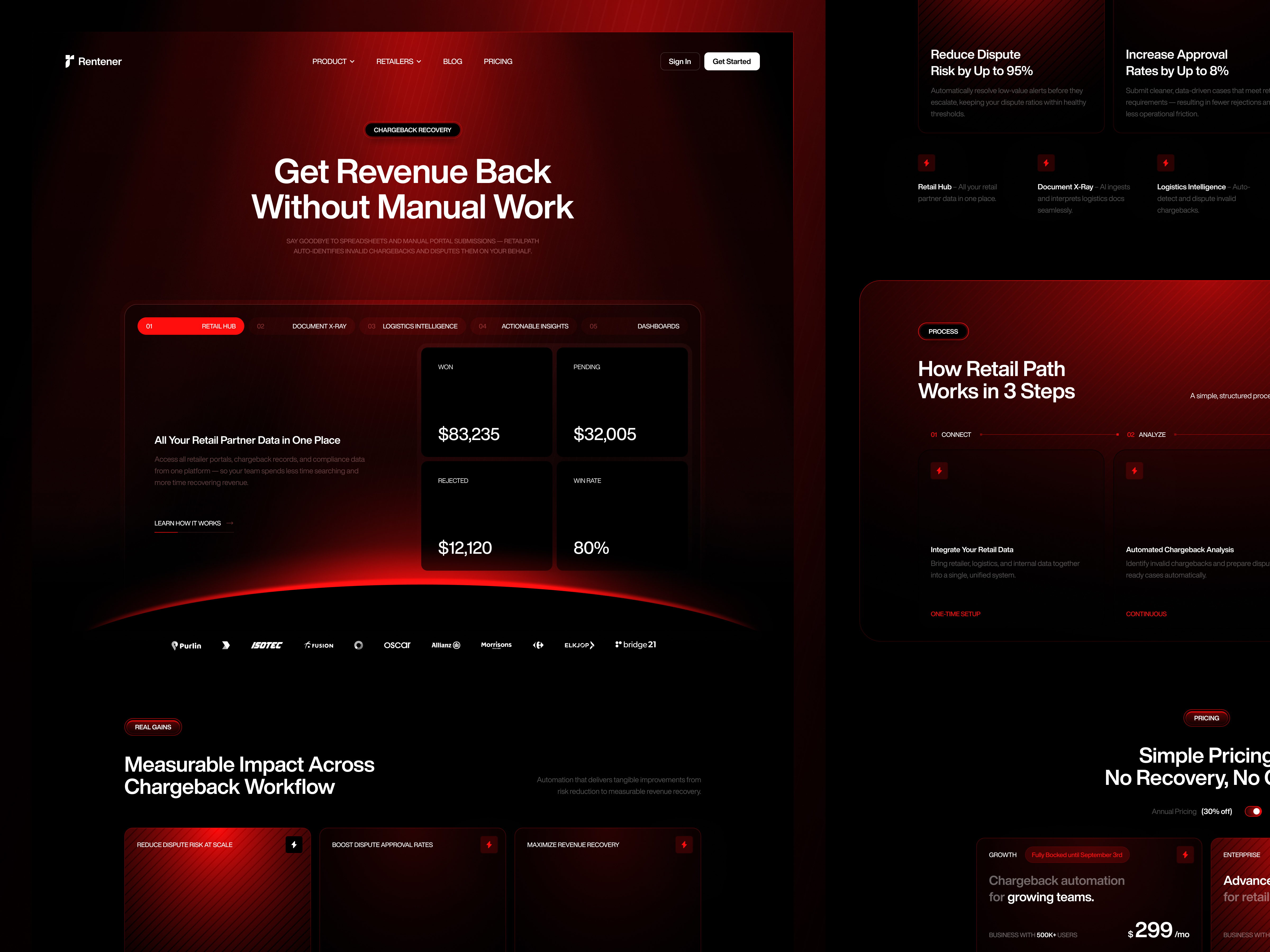 Rentener — Chargeback Recovery SaaS Landing Page branding dashboarddesign datavisualization fintech landing page landingpage productdesign saas saasdesign ui ui design ui ux ux web web design webdesign webinterface website website saas