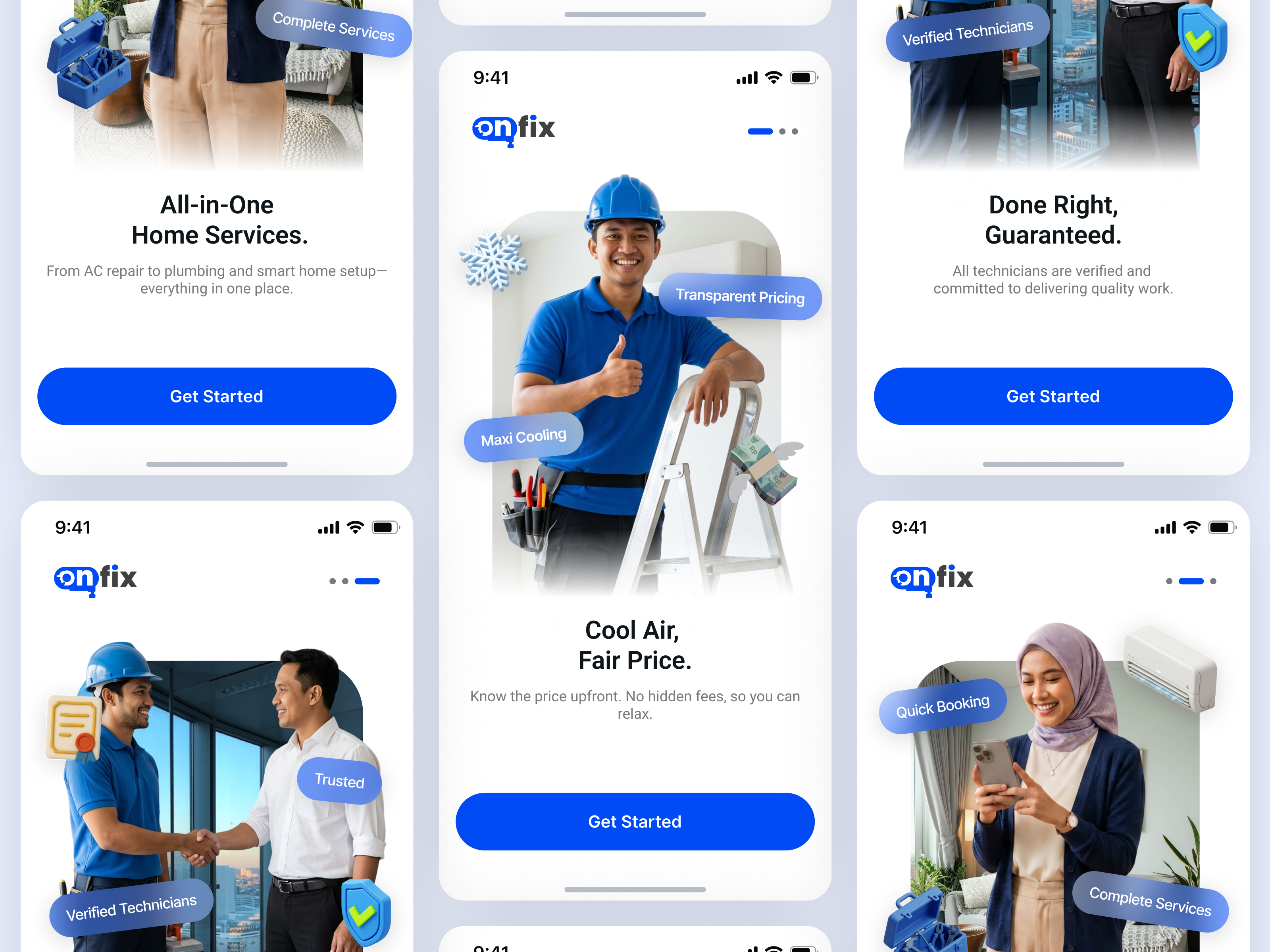 Onfix — Home Service App Onboarding Design animation app design handyman app home service app jitter maintenance app mobile app motion graphics onboarding onboarding design ui