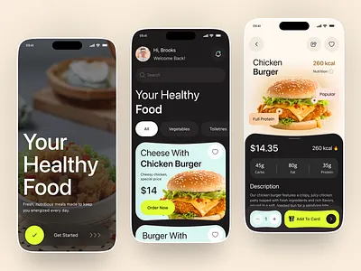 Healthy Food Ordering App UI – Modern Dark & Light Experience app design clean design dark ui ecommerce app food app food app ui food booking food delivery app food marketplace food ordering app healthy food light ui mobile app modern ui online food order app product design restaurant mobile app shasanko creations ui design ux design