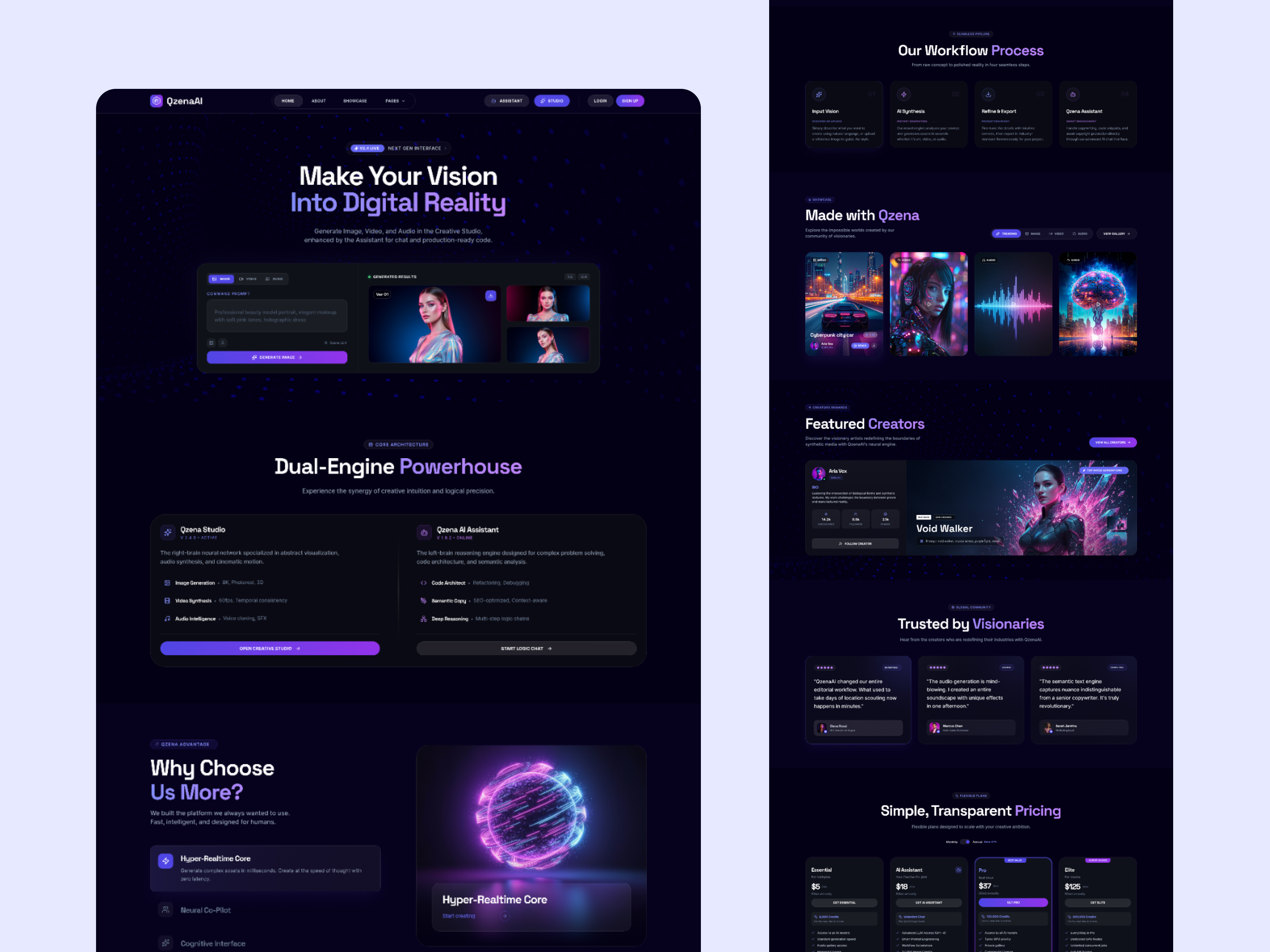 QzenaAI - AI Media Generator & Chat Assistant UI Design ai ai chat ai generator ai tools ai website artificial intelligence chat assistant dark ui futuristic ui landing page modern ui neon ui saas saas ui startup ui tech website ui design ui inspiration ux design web design