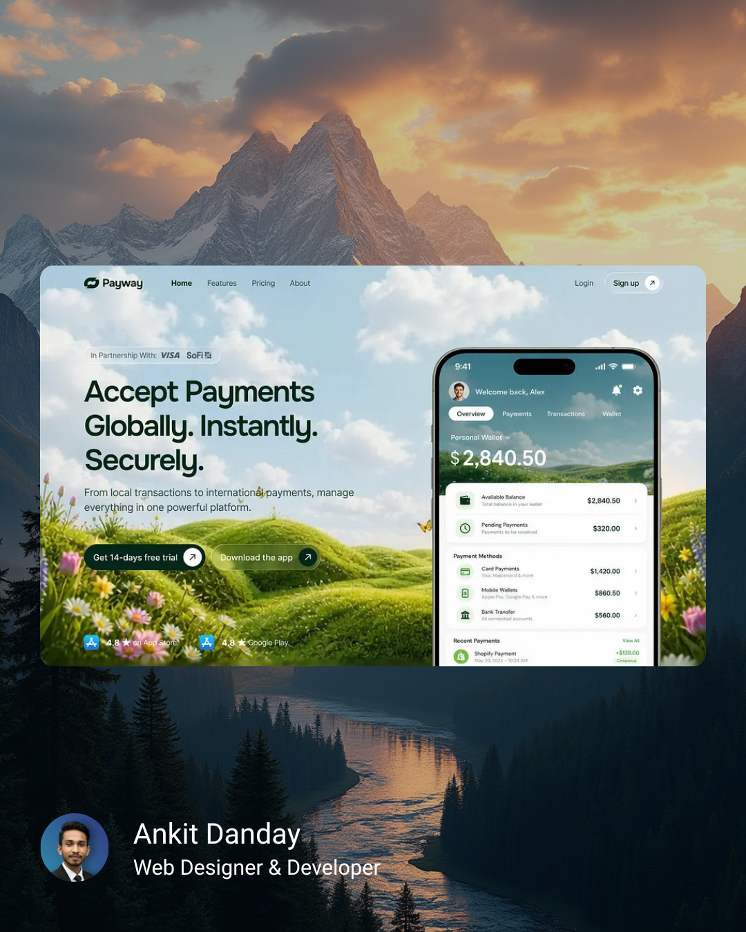 Global payments, simplified. 💳🌍 accept payments ankit danday nature payment positive feel ui website design website developmets