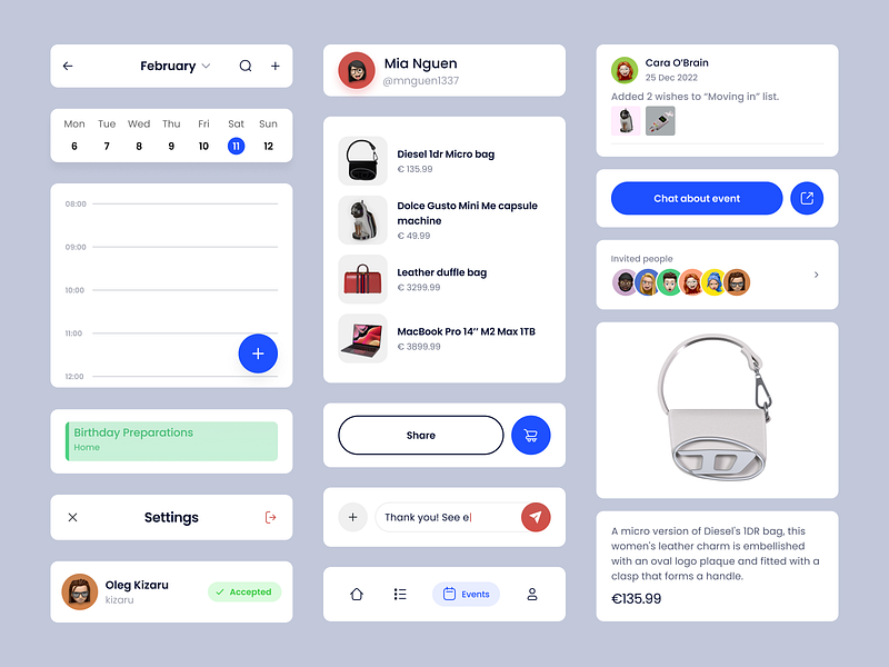 UI Components for Wish List App 3d app buttons cards checkbox clean components design system fields illustration input interface kit menu minimal mobile mobile app navigation tabs ui