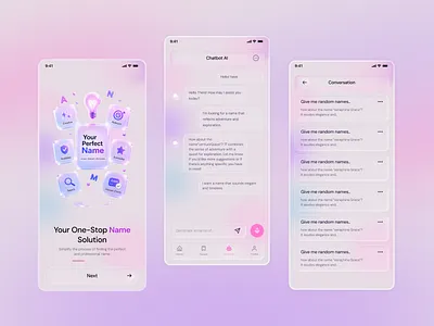 AI Name Generator App Design ai app ai chatbot ai chatbot app design ai name genarate app app ui chatbot ui dark ui figma design futuristic ui glassmorphism gradient design mobile app design modern ui onboarding screen saas design ui inspiration ui ux design