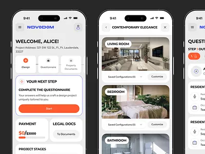 Property Development and Interior Design Platform Web App bedroom color design development home interface interior layout living room orange platform property questionnaire typography ui ux web webapp