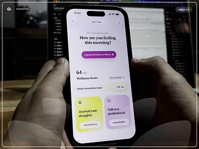 Prototype — WellNest Daily Check-in & AI Triage 10am space ai design ai ux conversational ui emotional design health tech healthcare interaction design mental health micro interaction mobile app mobile ui mood tracking motion design product design protopie prototype triage ui design ux design