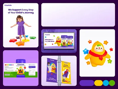 VitaKids - Kids Supplement Brand Identity Systems 3d character design animation brand identity brand system branding character design fmcg illustration label design logo design mascot motion graphics packaging design product visualization supplement visual identity vitamin