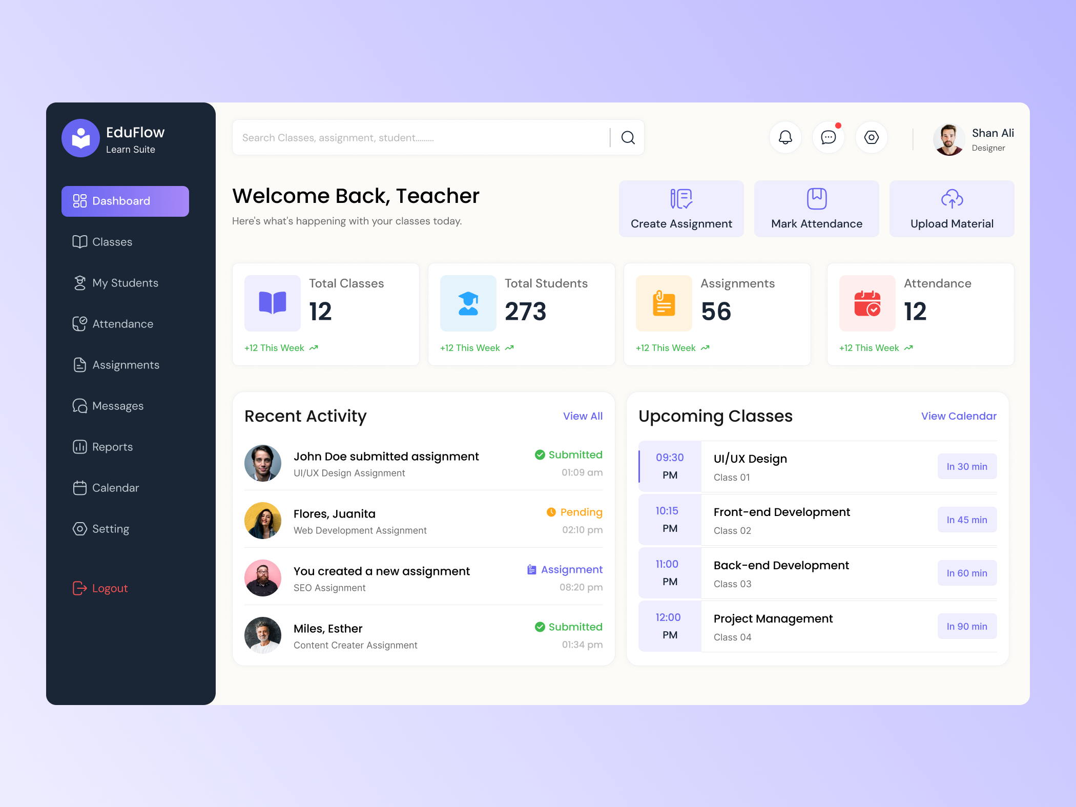 EduFlow — Teacher LMS Dashboard UI Design | Education Web App admin panel clean ui dashboard design education app education dashboard figma learning management system lms learning platform ui light theme lms dashboard lms education web dashboard purple ui saas dashboard school management student management teacher dashboard ui design ui ux ux design web app design