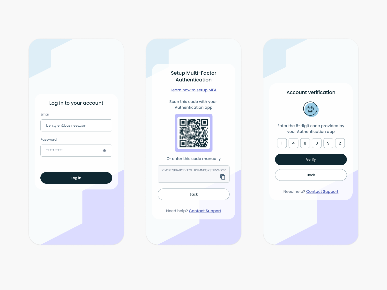 Log in MFA setup account app create account finance log in login mfa ui ux web