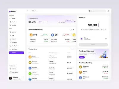 Finvest - Crypto Investment Dashboard Design animation bitcoin dashboard crypto dashboard crypto platform crypto ux crypto wallet ui cryptocurrency app dashboard design finance app design financial dashboard fintech dashboard fintech ui investment app investment dashboard portfolio dashboard product design trading dashboard withdraw flow withdraw page