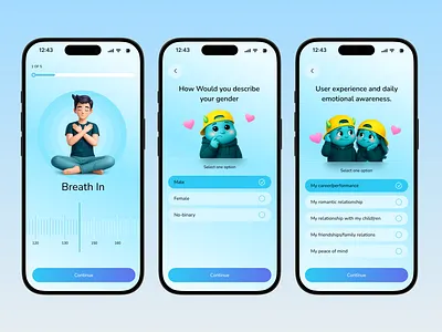 Mental Wellness UI – Mood & Breathing App app ui breathing app clean ui health app ui meditation app mental health app minimal design mobile app design mobile ui modern ui mood tracker onboarding ui product design self care app startup app ui inspiration ui ux design user experience wellness app