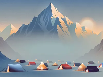 Mountain base camp illustration base camp camping climbing camp design graphic design illustration landscape mountain mountain peak nature pinnacle rock climbing snowy mountain summit sunrise sunset tents vector