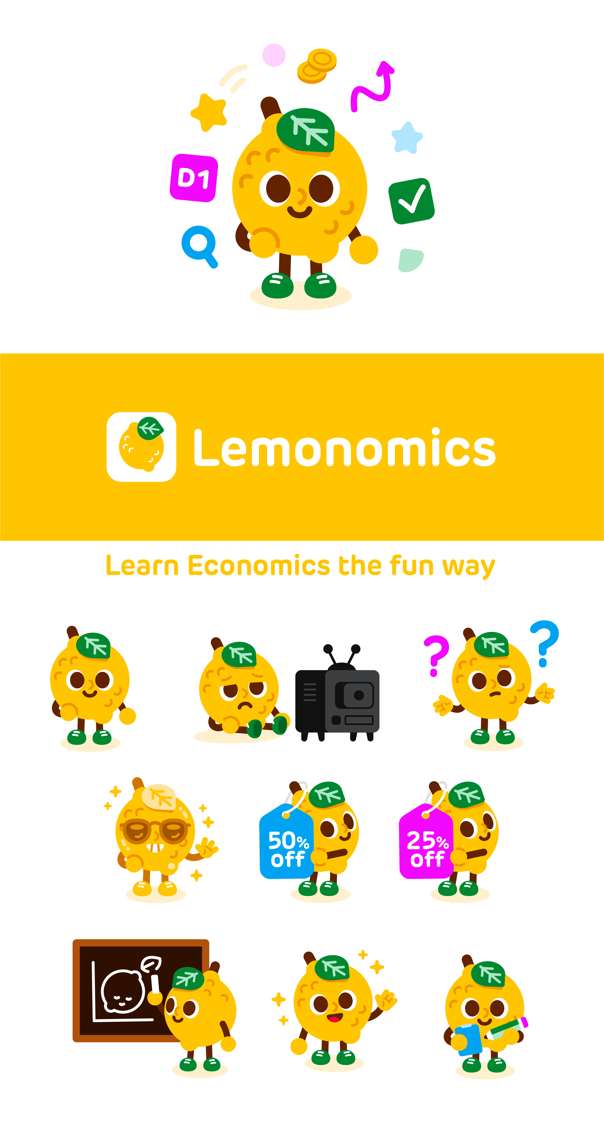Lemonomics app project app branding cartoon character design digital emoji emoticon flat fruit funny graphic design icon icons illustration lemon logo mascot ui vector