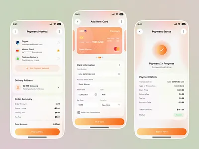 Food Delivery Mobile App Design card payment checkout ui clean design credit card ui delivery tracking ecommerce app food app food delivery app food ordering ui minimal design mobile app mobile app design modern ui design online food order payment app payment method payment success screen payment ui product design ux design
