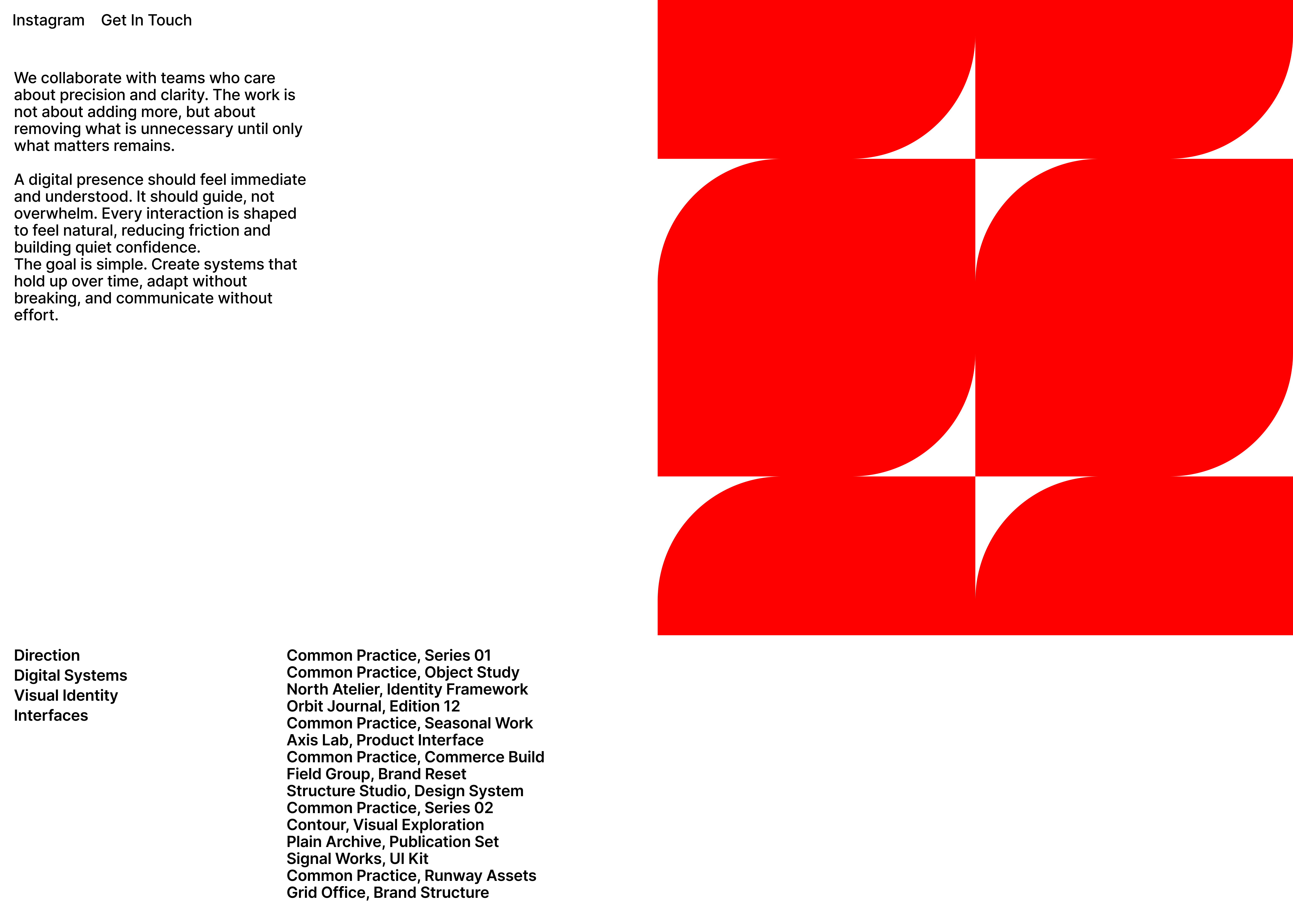 Swiss Style Portfolio Interface abstract design art direction brutalist design clean layout editorial design geometric design grid layout high contrast layout design minimal ui minimalism modern web design modular design monochrome design red accent swiss design swiss style typography design visual hierarchy whitespace design