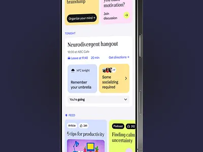 Neurodivergent app event reminder widget adhd autism card directions dropdown event event card events app figma home screen light mode mental health neon notification pastel social media ui