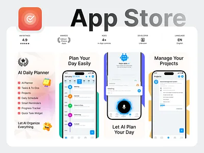 App Store Screenshots - AI Daily Planner App app aso app assets app graphics app icons app screenshots app store graphics app store optimization app store screenshots app ui design apple store aso design figma graphic design mobile app screenshots play store graphics play store screenshots promotional graphics screenshots ui