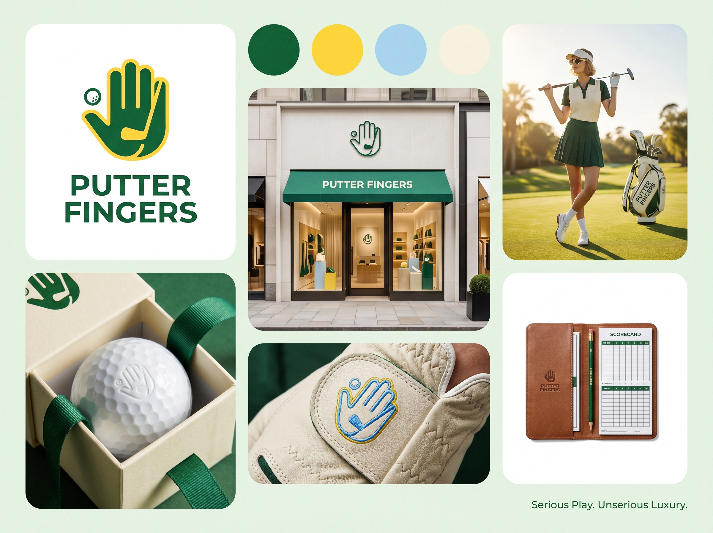PUTTER FINGERS | Serious Play Golf Branding by Up-Brands™ apparel design brand identity clubhouse aesthetic country club style experience design golf glove design golf packaging hand logo lifestyle luxury branding modern luxury packaging design retail design sports identity up brands vintage sports visual identity 时尚 零售 高端