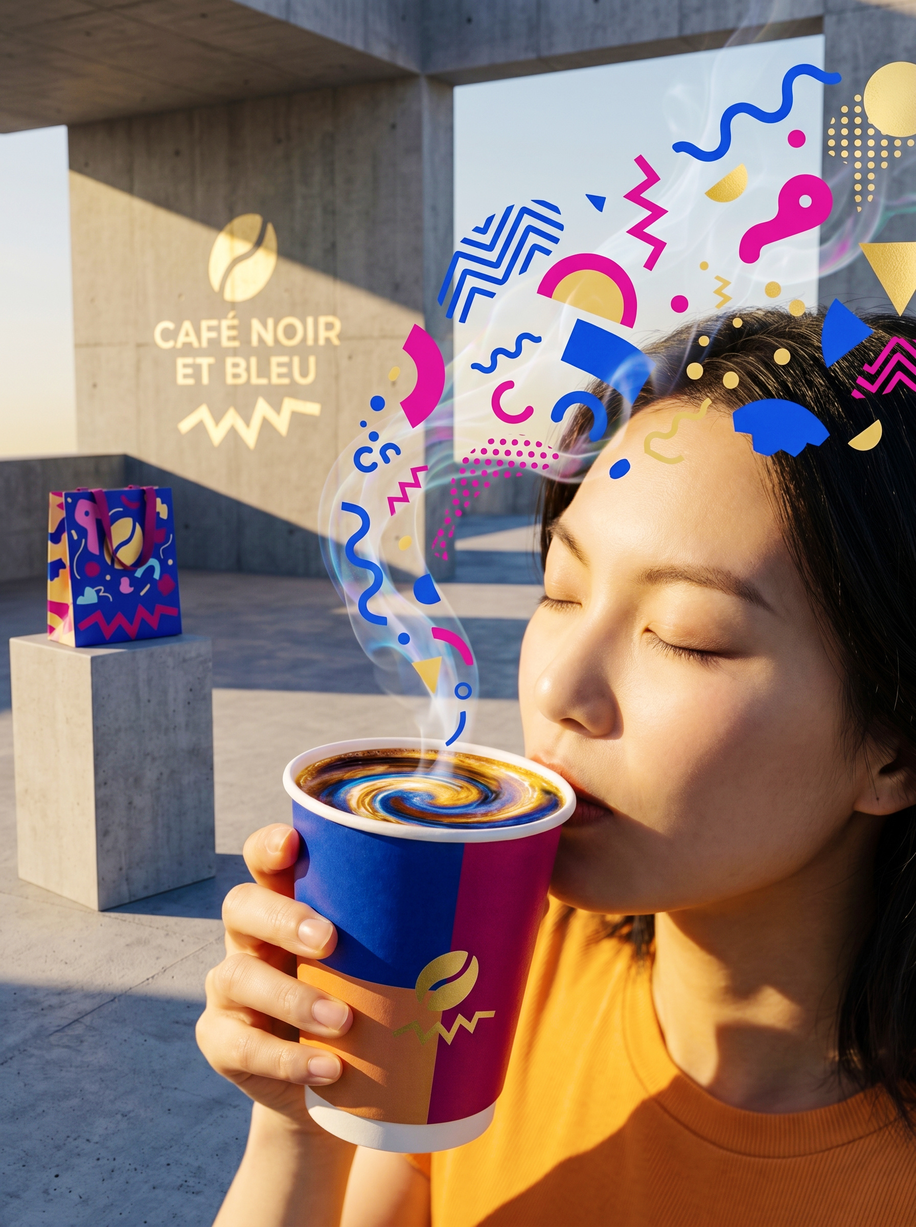 CAFÉ NOIR ET BLEU | Electric Pop Coffee Identity by Up-Brands™ bold typography brand identity branding design cafe culture coffee packaging experience design lifestyle luxury branding luxury coffee modern luxury packaging design pop art aesthetic retail design seoul cafe unboxing experience up brands vibrant colors visual identity 时尚 零售