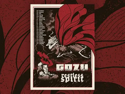 Gozu & Restless Spirit Tour Poster butterfly doom flower gig poster illustration knight music screenprint skull stoner rock storm