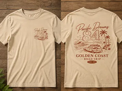 Pacific Dreams 84 | Vintage Road Trip Tee | Merch Design apparel design beach design branding graphic design line art logo merch design print ready retro illustration streetwear summer design tshirt design vector illustration vintage design
