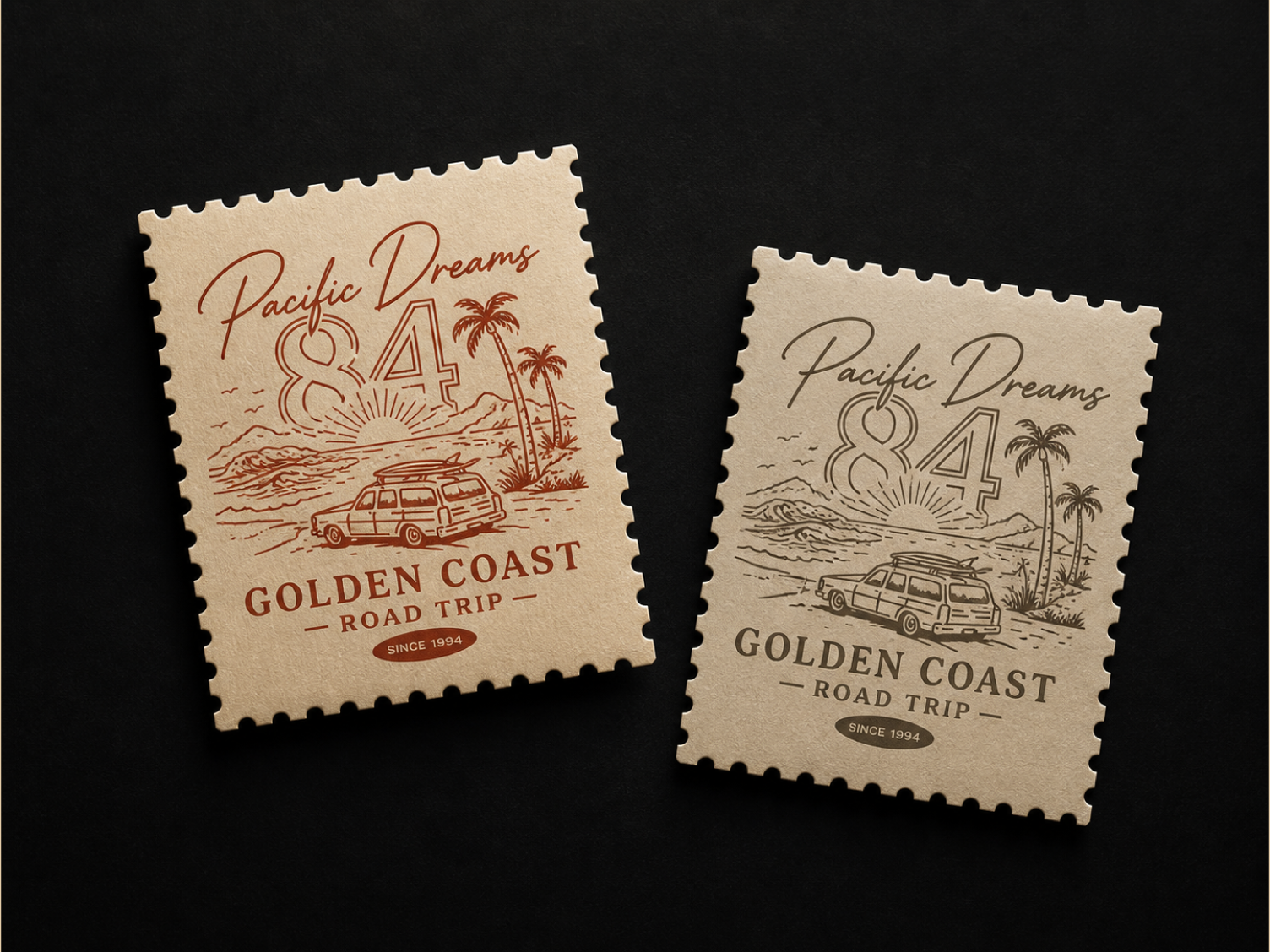 Vintage Travel Stamp Design – Pacific Dreams Golden Coast Road and a sunset backdrop beach sunset illustration branding coastal design creatives graphic design logo nostalgic ocean waves palm trees posters stickers summer aesthetic t shirt design travel blogs travel stamp logo vintage logo vintage road trip